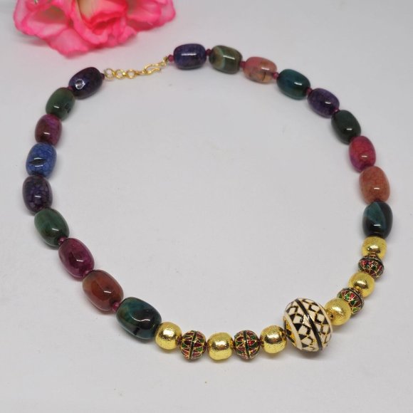 Enamel Cloisonne Crackle Agate Beaded Statement Necklace Gold Green Red Purple - Picture 9 of 14